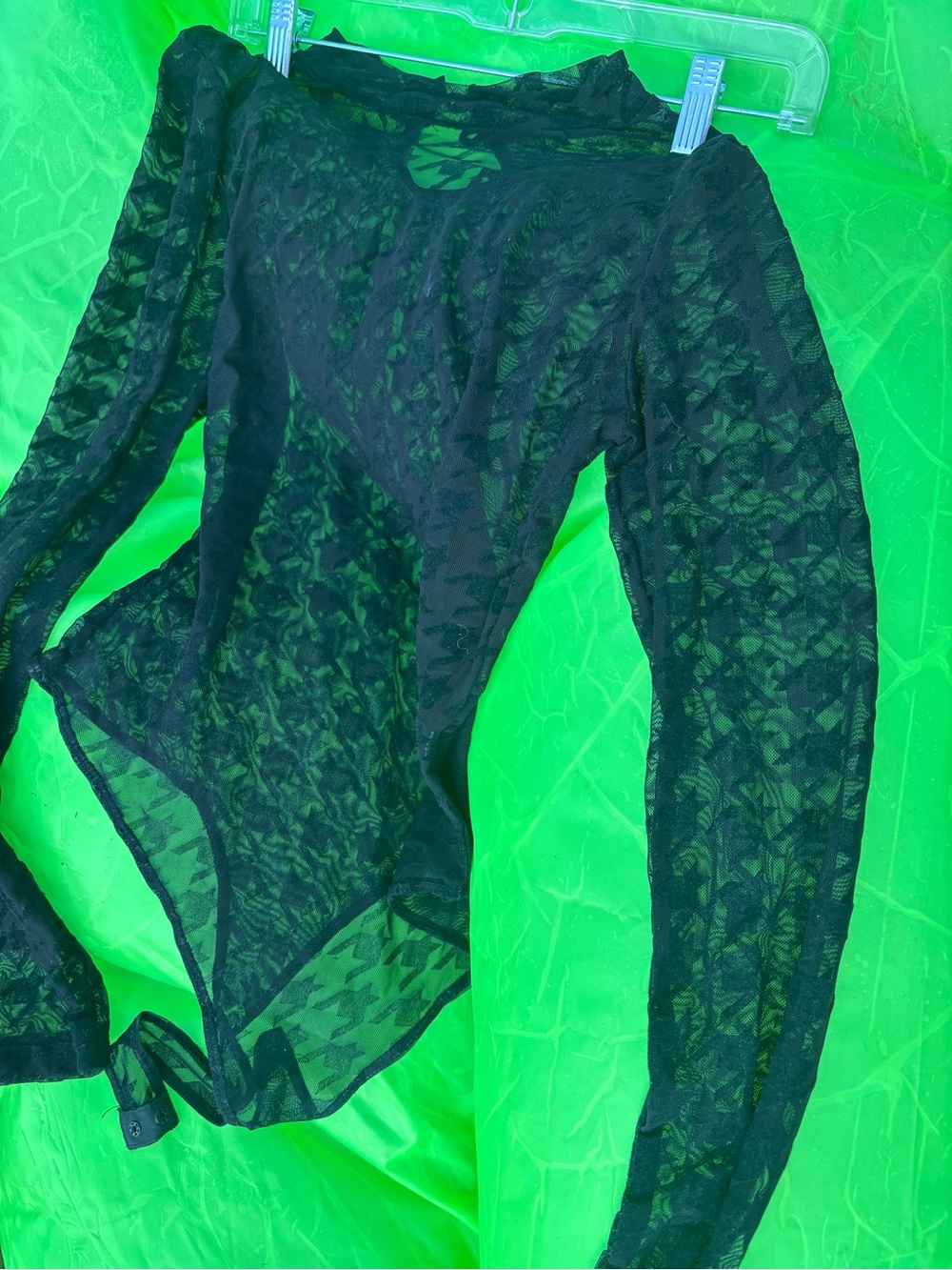 Iris Black Sheer Mesh Long Sleeve Floral Lace Bodysuit Sz Sm Festival Ready!